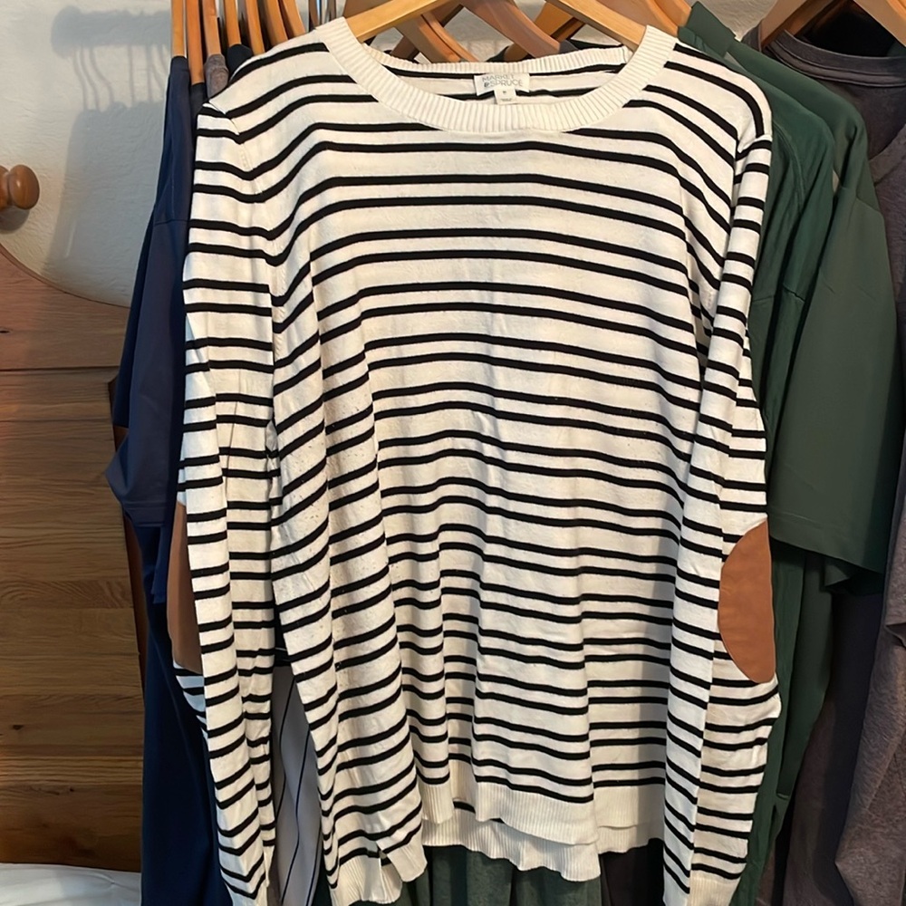 Lightweight striped sweater with suede elbow patches